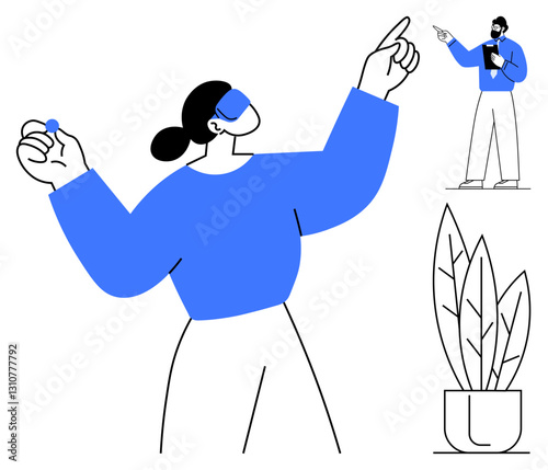 Woman holding a small object in one hand while gesturing upward. A man gestures in the background, offering directions. Potted plant beside them. Ideal for teamwork, communication, guidance