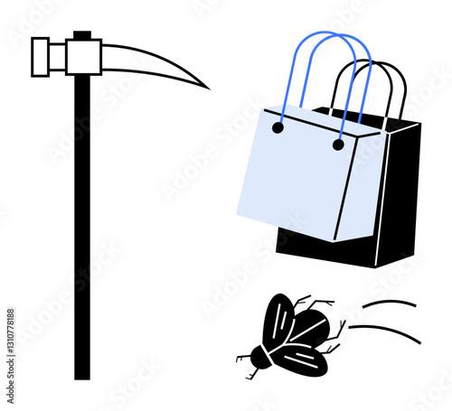 Mining pickaxe standing upright, two overlapping shopping bags with blue handles, and a flying insect with motion lines. Ideal for industry, commerce, leisure, nature, economy, tools everyday life