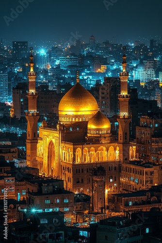 A mosque with golden domes illuminated against the night sky. The surrounding city buildings are covered in soft Ramadhan lights.