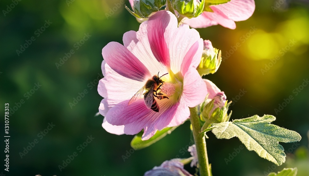 bee pollinating common mallow flower in the sunlight natural green defocused background bee pollinating common mallow flower in the sunlight natural green defocused background