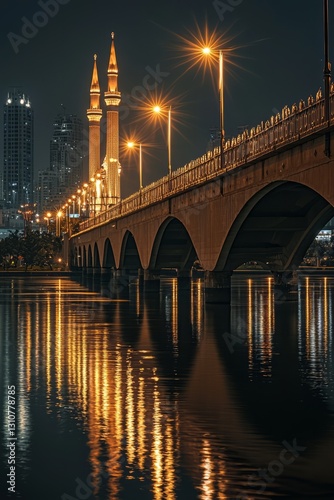 A peaceful bridge in the city, illuminated with golden lights. The reflection of the mosque towers on the river below adds to the serene Ramadhan night