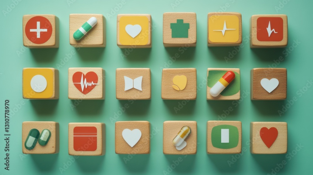 Colorful wooden blocks with various health and medical symbols are shown Colorful wooden blocks with various health and medical symbols are shown