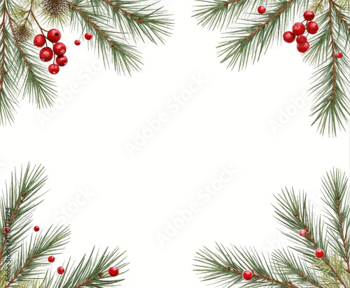 Christmas frame of pine needles and red berries