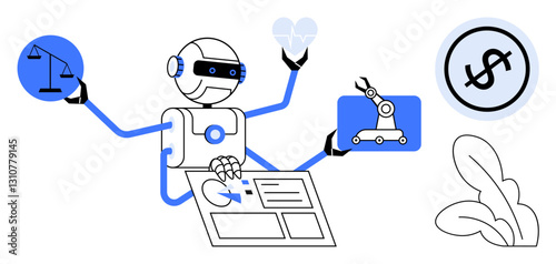 Robot equipped with four hands holds scales, heart, robotic arm, and finance icon while working on a tablet. Ideal for technology, AI applications, multitasking, automation, robotics innovation