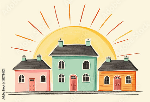 Colorful Houses with Chimneys Under a Bright Sun Illustration