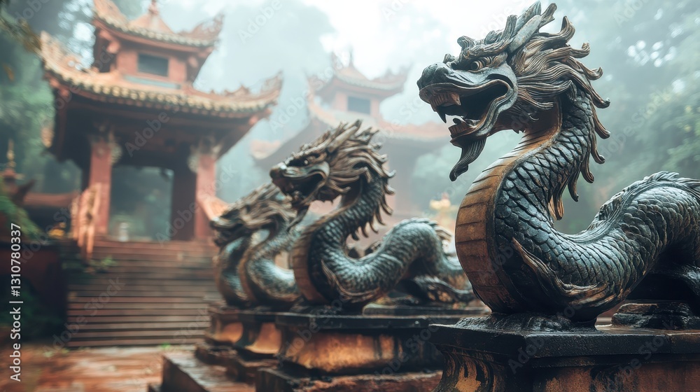 Fototapeta premium Serene Dragon Statues Guard Ancient Temple Amidst Misty Forest