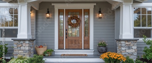 wooden front door in gray craftsman home house frontage portrait
