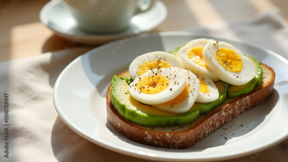 A fresh breakfast of avocado toast with hard-boiled eggs, black pepper, and milky coffee. Natural lighting highlights the details, set on a light wood table with a beige linen cloth. A fresh breakfast of avocado toast with hard-boiled eggs, black pepper, and milky coffee. Natural lighting highlights the details, set on a light wood table with a beige linen cloth.
