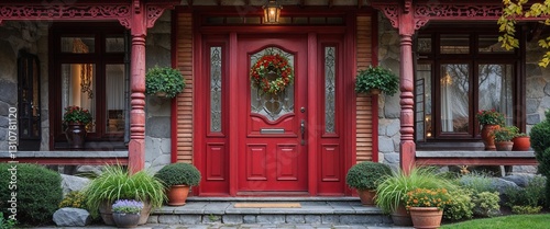 Photography wooden front door in red traditional home house frontage portrait