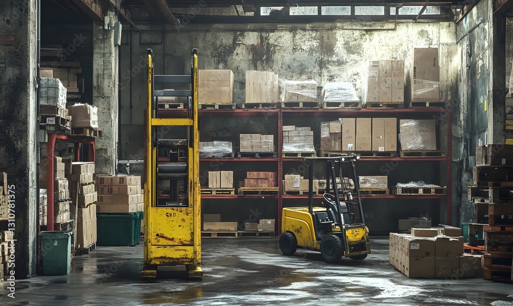 Warehouse forklift and pallet jack, stacked boxes, industrial interior Warehouse forklift and pallet jack, stacked boxes, industrial interior