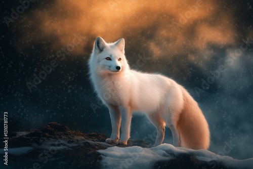 A beautiful arctic fox with thick white fur, standing in a snowy tundra. photo