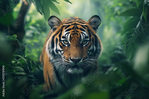 Portrait of a Bengal tiger stalking through a dense jungle with a gaze.