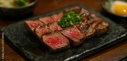 Seared Beef Slices on Slate Plate, Asian Restaurant photo