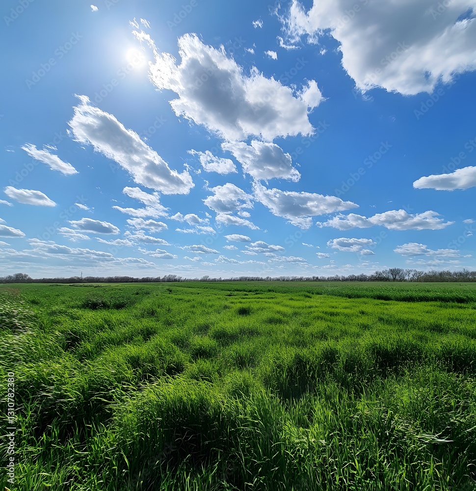 Sunny spring field expanse under a partly cloudy sky Sunny spring field expanse under a partly cloudy sky