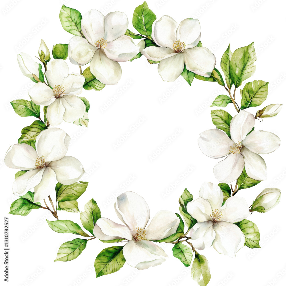 Fototapeta premium Elegant Floral Wreath with White Flowers and Green Leaves Design