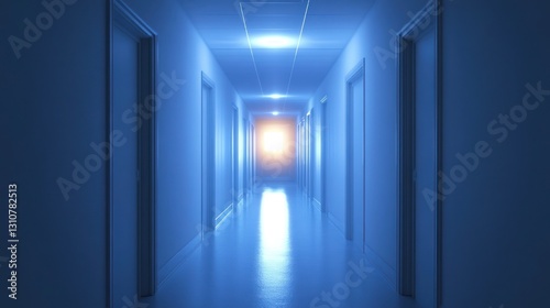 A long hallway lit with blue and bright yellow lights
