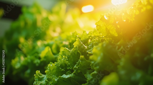A high-tech vertical farm with multiple layers of lush green lettuce growing under bright LED grow lights in a futuristic greenhouse