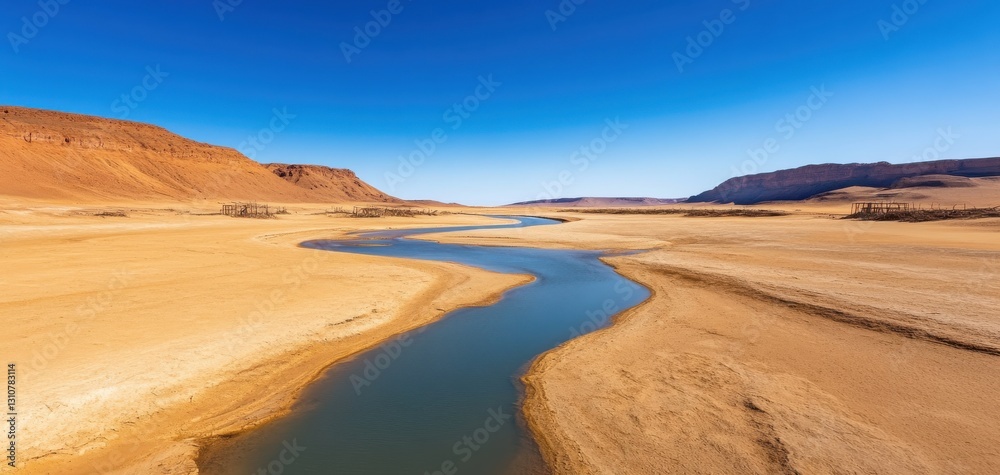 Fototapeta premium A serene desert landscape featuring a winding river, surrounded by arid terrain under a clear blue sky.