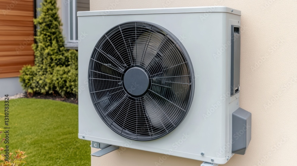 An outdoor air conditioning unit with a large fan, mounted on a wall beside a green lawn and well-maintained foliage. An outdoor air conditioning unit with a large fan, mounted on a wall beside a green lawn and well-maintained foliage.