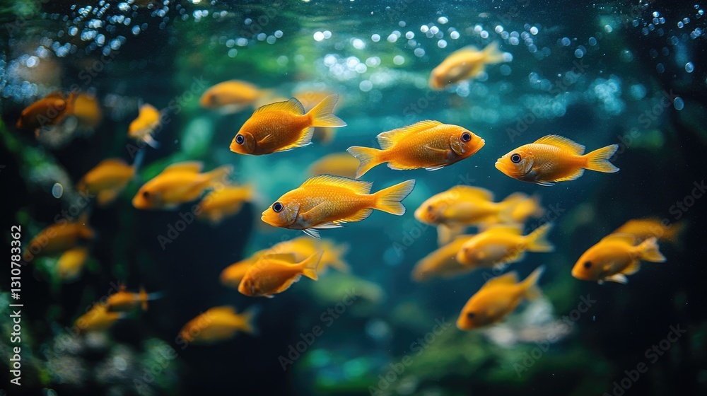 Fototapeta premium A group of small orange fish swimming in clear water