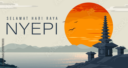 Translation : Happy Nyepi Day. Happy Bali's Day of Silence and Hindu New Year Vector Illustration, Nyepi Day and Hari Raya Saka, Hindu Ceremony