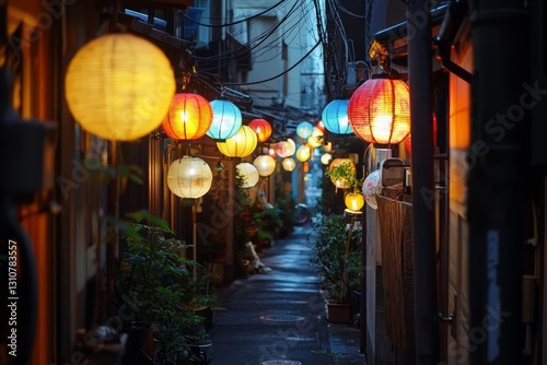 A narrow alleyway filled with handmade lanterns of different shapes and colors. The glow of the lights gives the street a warm and cozy feel
