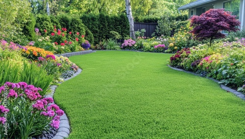 Lush garden with vibrant flowers and manicured lawn, suburban backyard