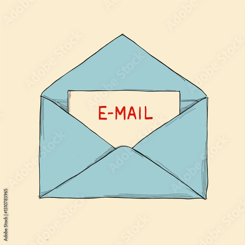 Email letter illustration in an open blue envelope