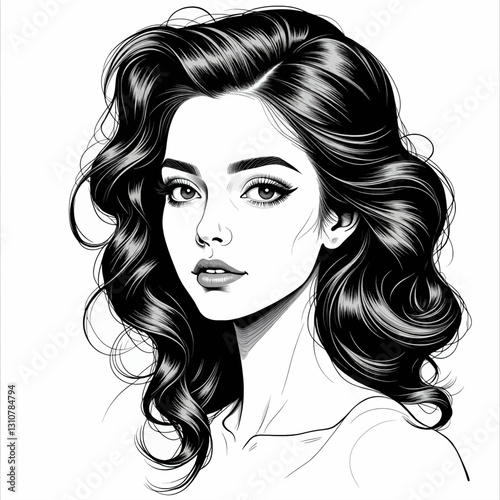 Elegant woman portrait with long wavy hair in black and white