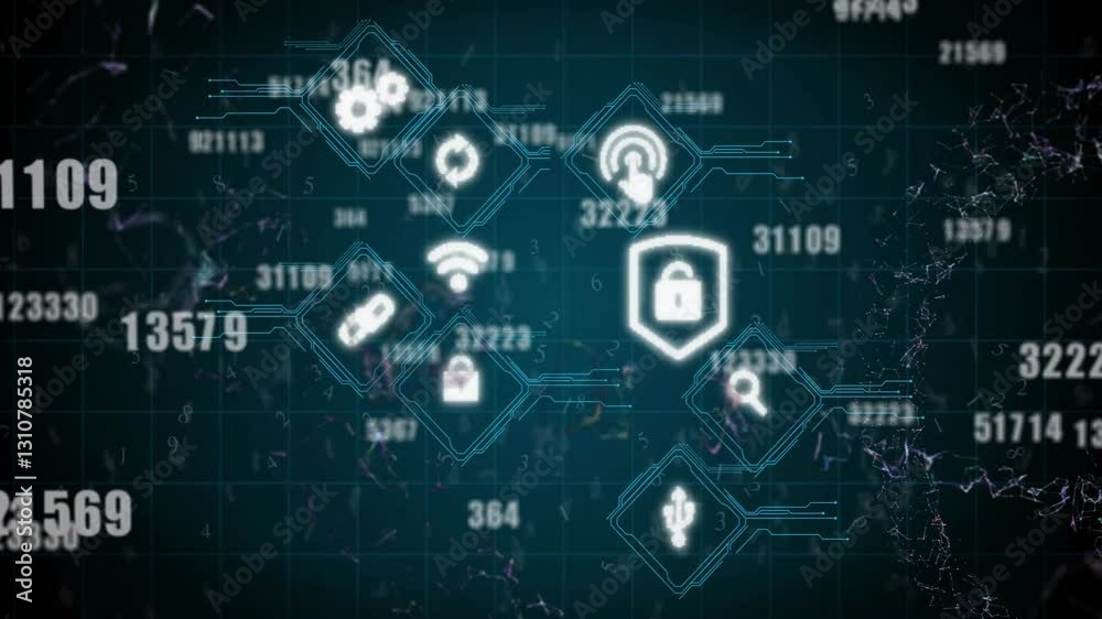 Digital security icons and data processing animation over dark grid background Digital security icons and data processing animation over dark grid background