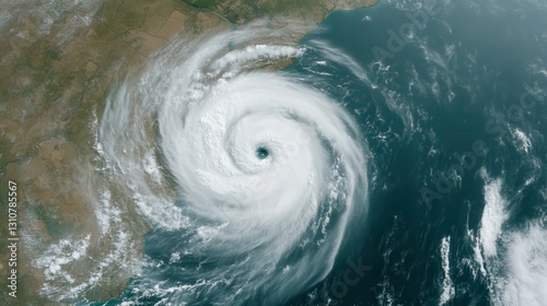 A powerful hurricane swirls over the ocean, showcasing its distinct eye and cloud formations, threatening coastal areas.