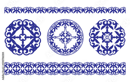 Set of blue decorative borders in portuguese azulejo style. Monochrome portuguese ornament of curls, spirals on white background. Set for ornate portuguese azulejo ceramic tile borders