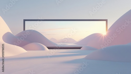 Fototapeta Naklejka Na Ścianę i Meble -  Isolated Serene Minimalist Landscape with Rectangular Frame and Pastel Colors Sunset Sky