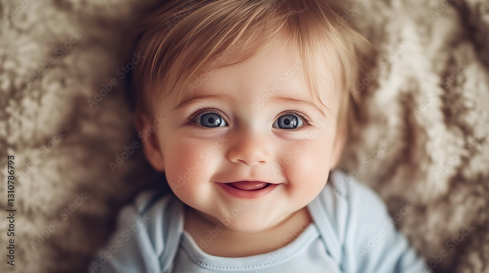 Close-up of a beautiful smiling baby with soft natural light and warm cozy atmosphere Close-up of a beautiful smiling baby with soft natural light and warm cozy atmosphere