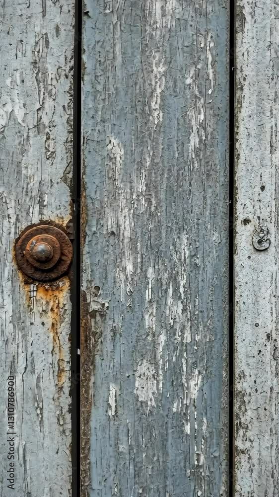 Old wooden door with rusty knob and weathered paint showing signs of age and neglect in a rustic setting Old wooden door with rusty knob and weathered paint showing signs of age and neglect in a rustic setting