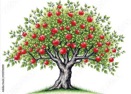 Full apple tree with mature red fruit and green leaves