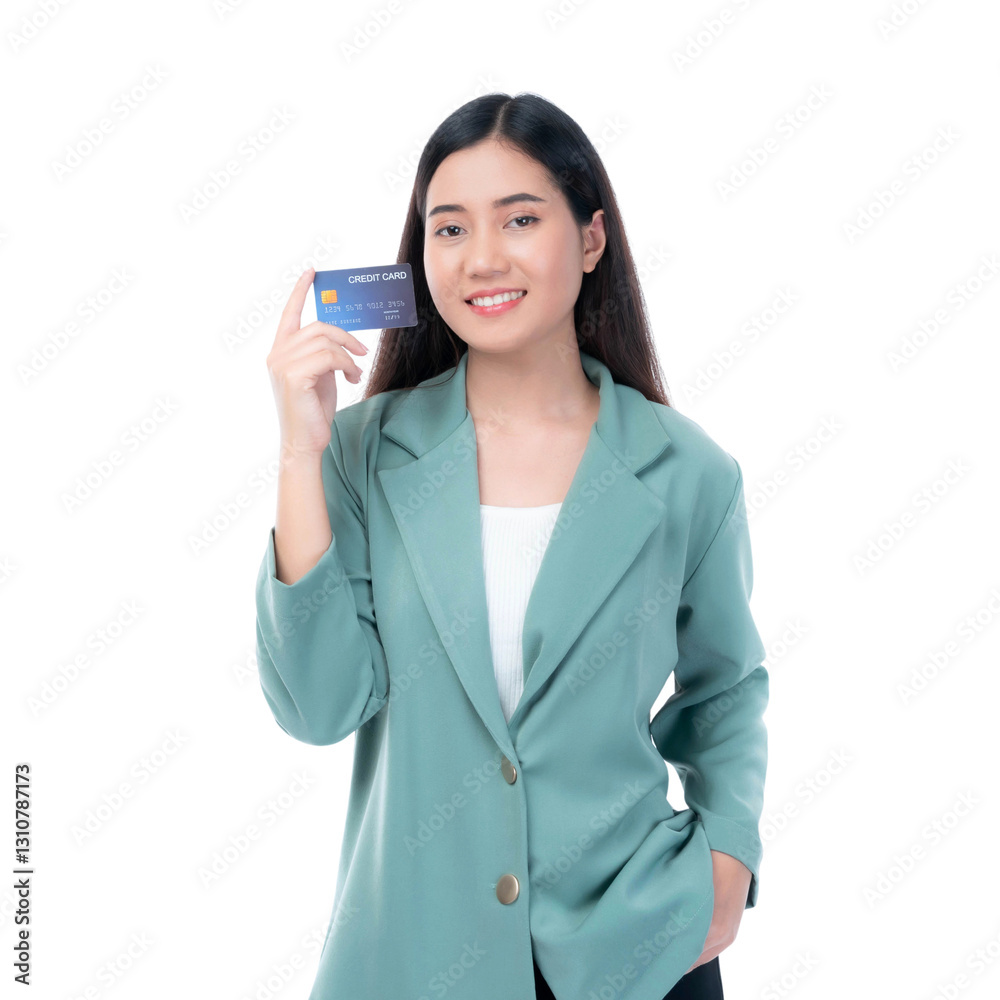 Confident young woman smiling and holding a credit card, dressed in a stylish green blazer, isolated on a transparent background, representing financial services, online shopping or business concepts