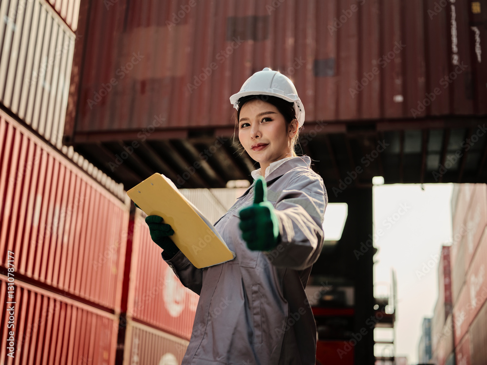 Asian female worker showing thumb as thank you or approval