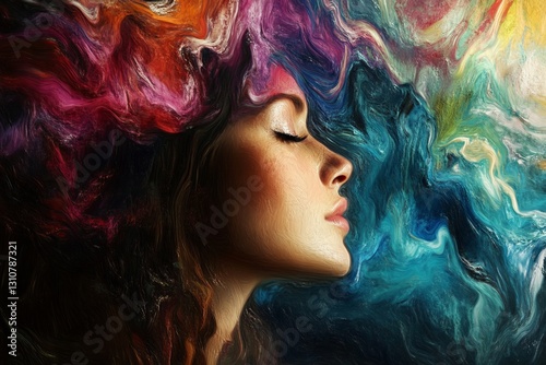 Woman Profile with Colorful Abstract Art and Swirling Background