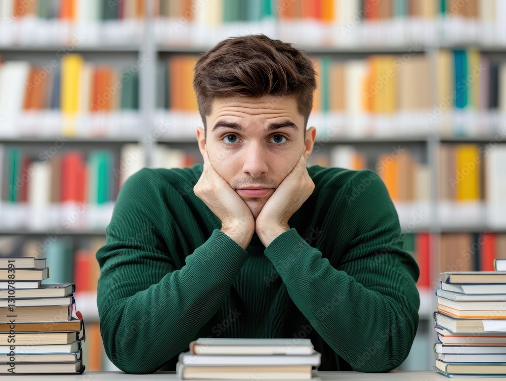 student life exam stress, A young man looks frustrated while studying at a table surrounded by books. student life exam stress, A young man looks frustrated while studying at a table surrounded by books.