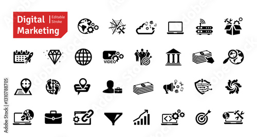 Digital Marketing and SEO Icons Set. Social Media, Communication, Technology, Advertising, Ecommerce, Cyberspace, Target Audience, Website Icons Editable Stroke Vector Illustration