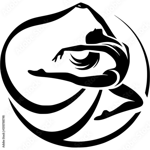 Sport emblem of girl gymnast in jump with gymnastics silk ribbon in monochrome. Engraving minimalistic vector in black ink drawing on transparent background