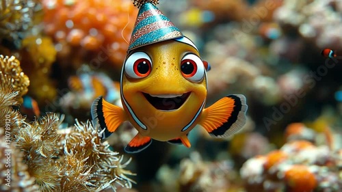 Cartoon clownfish wearing party hat, coral reef background, celebration, underwater scene, stock photo