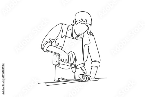Continuous one line drawing cute female carpenter using drill machine on wood at bandsaw in workshop. Women entrepreneur working craft in workbench. Single line draw design vector graphic illustration