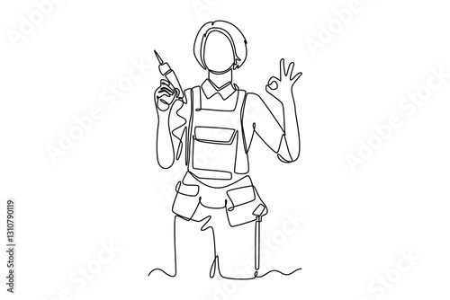 Continuous one line drawing attractive carpenter woman holding power drill in workshop with ok gesture. Enthusiasm for woodworking projects concept. Single line draw design vector graphic illustration