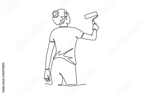 Single continuous line drawing back view young woman builder holding roller brush for painting wall home decor. Building construction and renovation. One line draw graphic design vector illustration
