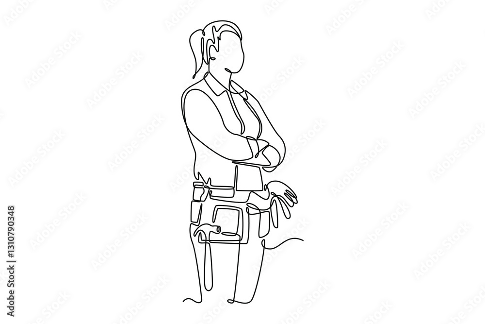 Single continuous line drawing side view young female joiner in apron and tools belt standing near workbench while working in craft workshop. Dynamic one line draw graphic design vector illustration Single continuous line drawing side view young female joiner in apron and tools belt standing near workbench while working in craft workshop. Dynamic one line draw graphic design vector illustration