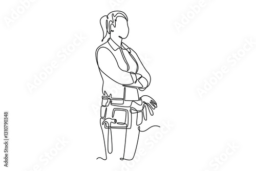 Single continuous line drawing side view young female joiner in apron and tools belt standing near workbench while working in craft workshop. Dynamic one line draw graphic design vector illustration