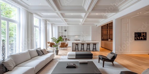Elegant, spacious living room with coffered ceiling