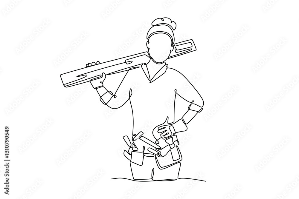 Single one line drawing confident female worker carrying wooden planks at construction site on her shoulder. Building renovation concept. Modern continuous line draw design graphic vector illustration Single one line drawing confident female worker carrying wooden planks at construction site on her shoulder. Building renovation concept. Modern continuous line draw design graphic vector illustration